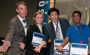 National Science Video Competition: From left: Bill Nye , Julia Kudryashev (2nd Place), Cameron Quon (1st Place), Rachit Agarwal (Peoples Choice)