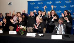 The staff at Children's Hospital Los Angeles celebrates the news of the hospital's Magnet® recognition for nursing excellence. (Seated l-r): Margaux Chan, RN, BSN,CPN, Susan Crandall, RN, BSN,CCRN, Mary Dee Hacker, MBA, RN, NEA-BC, FAAN, Richard Cordova, FACHE, President & CEO. 