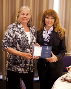 Pavley (left) in 2012 with her district’s most recent Small Businessperson of the Year, UltraGlas CEO Jane Skeeter.