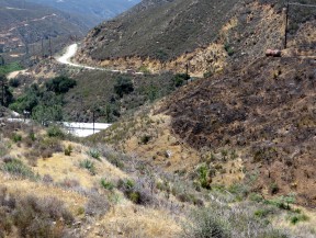 Thursday's presumed flash point: A hillside (right) above Power House 1 (roof visible at left) - as seen Sunday. (SCVNews.com)