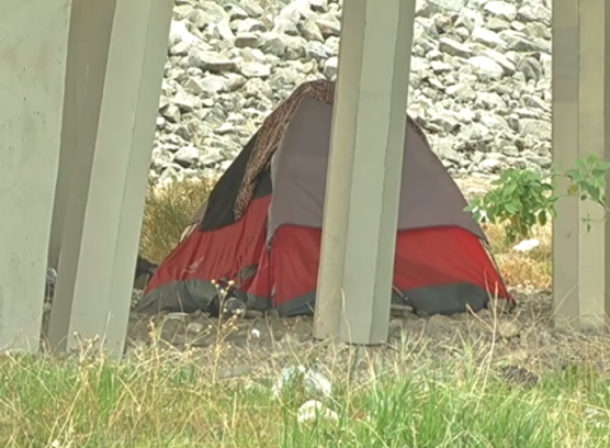 homeless tent under a freeway overpass