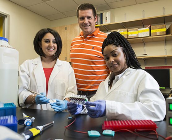 From left: CSUN biology graduate student Yvess Adamian, biology professor Jonathan Kelber, and biology graduate student Malachaia Hoover work recently published an article announcing a novel and groundbreaking method to extracting RNA from tissue samples. Photo by David J. Hawkins.
