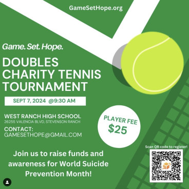 Sept. 7: ‘Game. Set. Hope.’ Tennis Tourney Benefiting Mental Health Awareness