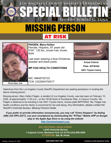 LASD Seeks Public’s Help Locating Missing Canyon Country Woman