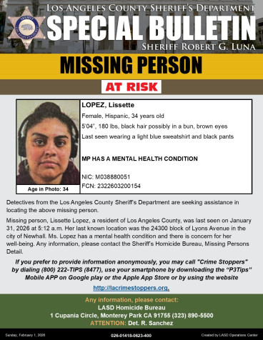 LASD Seeks Public’s Help Locating Missing Newhall Woman