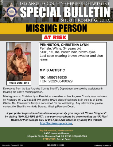 LASD is Asking for the Public’s Help Locating At-Risk Missing Person, Christina Lynn Penniston