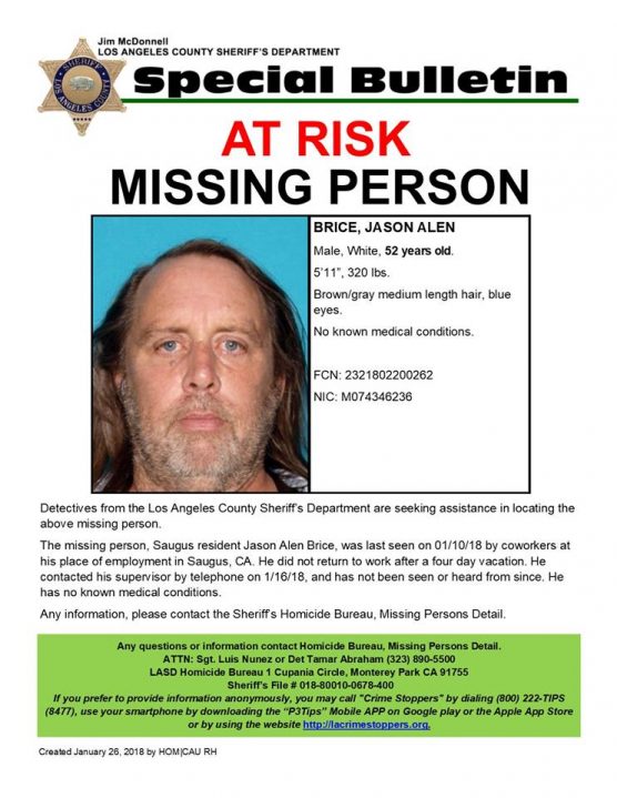 Jason Brice LASD missing person flyer