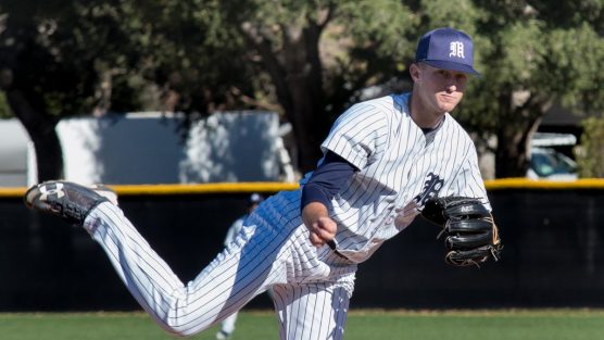 TMU's Aidan Stout earned the win in relief in game one of Saturday's double-header at Master's. Photo courtesy of Stan Elrich