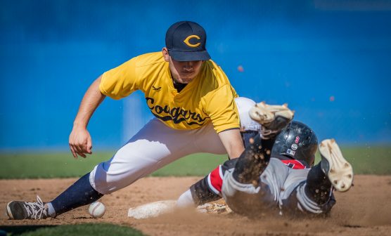 College of the Canyons second baseman Ivan Lomeli loses the ball as he tries to tag Chaffey College’s Bodie Parker (#3) while Parker was attempting to steal the base. Parker was safe during the fourth inning Saturday, February 17, 2018 as College of the Canyons beat Chaffey College 12-9. Photo: Kevin Karzin.