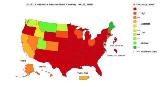 CDC flu map U.S. 2018 Week 4