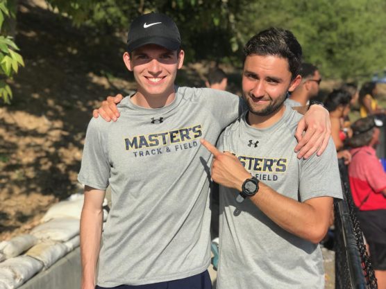 TMU's Justin Harris, left, won the 3,000 steeplechase at the GSAC Championship at Westmont College on Thursday, just ahead of teammate Alec Franco, right. | Photo: Gareth Matson.