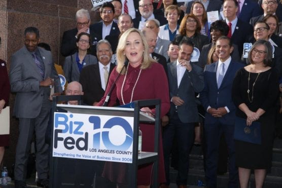 Los Angeles County Supervisor Kathryn Barger addresses the crowd at a BizFed event in January 2018.