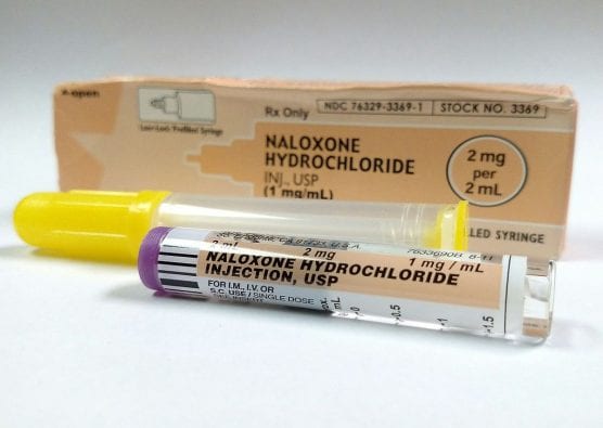 Pre-filled syringe of naloxone HCl preparation, single dose vial for intravenous, intramuscular, or intranasal administration. | Photo: Mark Onnifrey-WMC 4.0