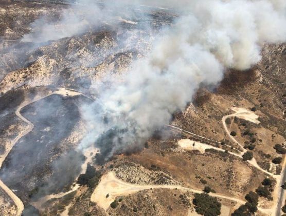 An aerial view of the Pico Fire in Stevenson Ranch on July 23, 2018. Photo: LACoFD.