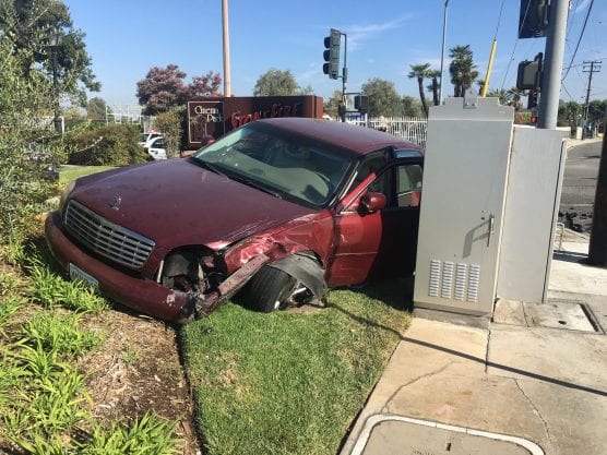 One of three vehicles involved in a collision at Bouquet Canyon Road and Cinema Drive Friday morning, Aug. 24, 2018. Photo: Patti Rasmussen.