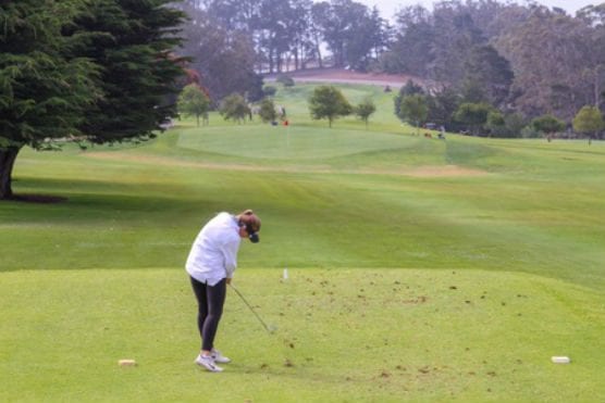 College of the Canyons freshman Paige Heuer tees off during her final round at the Morro Bay North-South Invitational. Canyons won the even with a first place team score of 630 (320/310).