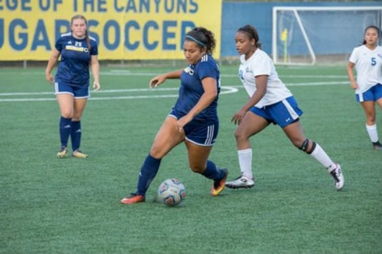 College of the Canyons freshman forward Corina Sagato was one of three Cougars to score two goals in the match vs. Allan Hancock College. | Photo: Jacob Velarde/COC Sports Information.