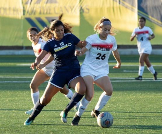 College of the Canyons sophomore midfielder Crystal Sanchez goes for the ball during the first half of the Cougars' match vs. No. 4 state-ranked Fresno City College. Jacob Velarde/COC Sports Information.