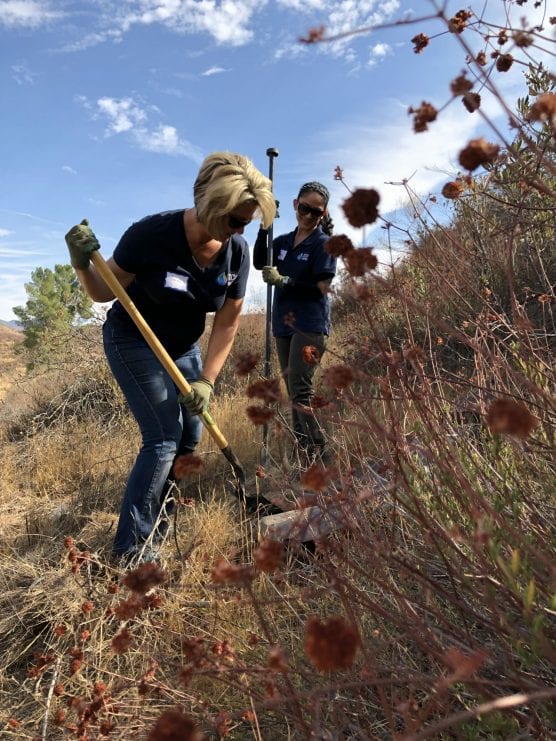  Karen Denkinger and Jenny Joo, employees of SCV Water, assist with habitat restoration in San Francisquito Canyon.