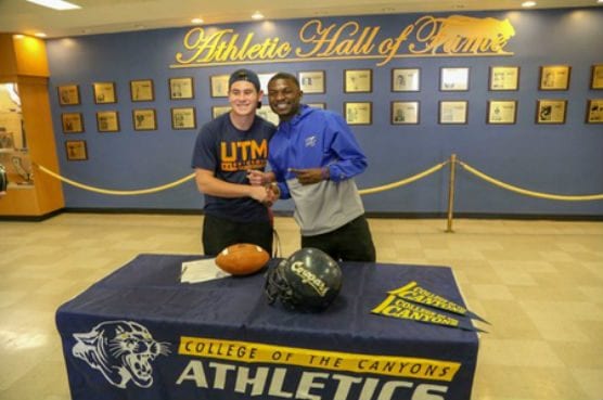 College of the Canyons sophomores quarterback Wyatt Eget (University of Tennessee at Martin) and wide receiver Jarrin Pierce (Middle Tennessee State University) signed their NLIs during a ceremony at the college on Dec. 19. 
