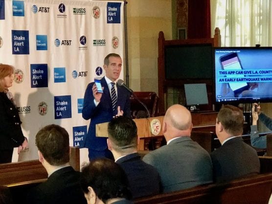 Los Angeles Mayor Eric Garcetti said Thursday that ShakeAlertLA, the nation’s first publicly available earthquake warning app, is a critical disaster tool, but he also urged residents to develop analog emergency plans. | Photo: Martin Macias/Courthouse News Service.