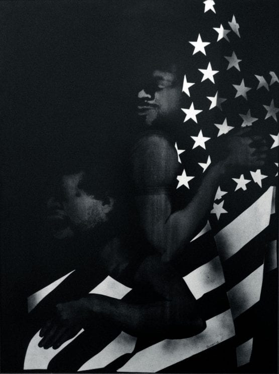David Hammons, "Black First, America Second," 1970. Body print and screenprint on paper 104.8 x 79.4 inches. © David Hammons. Courtesy CalArts' 24700 blog.