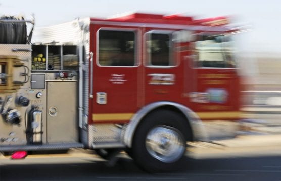A Los Angeles County Fire Department truck moves quickly to the scene. Photo: Katharine Lotze/The Signal.