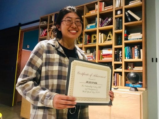 Jean Paik stands with the certificate she received after speaking at the first Santa Clarita World Speech Day event, March 16, 2019. | Photo: Caleb Lunetta/The Signal.