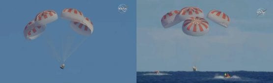 Completing an end-to-end uncrewed flight test, Demo-1, SpaceX’s Crew Dragon departed the International Space Station at 2:32 a.m. EST Friday, March 8, 2019, and splashed down at 8:45 a.m. in the Atlantic Ocean about 200 nautical miles off the Florida coast. Credits: NASA Television.