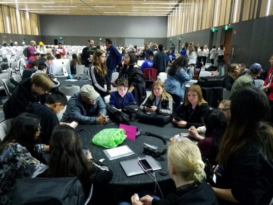  Castaic Middle School students strategize during their recent trip to Seattle for the 2019 Student Television Network Awards. | Photo courtesy Ro Osano.