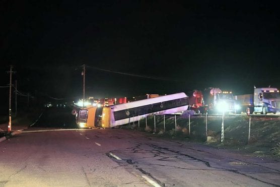 A big-rig tanker overturned in a crash near Gorman early Wednesday morning. | Photo by Jeff Zimmerman for The Signal.