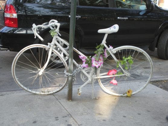 Loved ones or friends often install a "ghost bike" at the site of someone's death in a bicycle crash, like this one in Manhattan. | Photo: Team Kizwick/Wikis Take Manhattan-WMC 3.0.