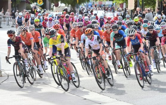Women riders turn onto McBean Parkway at the start of the Amgen Tour of California Women's Race in Valencia on Saturday. | Photo: Dan Watson/The Signal.