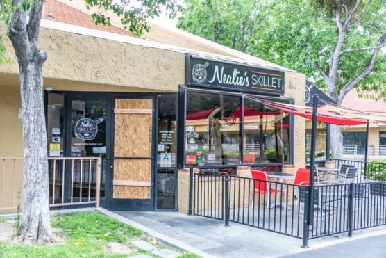 A boarded-up door greets would-be customers at Nealie's Skillet in Valencia following an early-morning break-in on Tuesday. | Photo: Cory Rubin/The Signal.