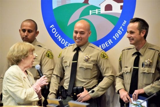 The city of Santa Clarita and Mothers Against Drunk Driving recognized Santa Clarita Valley Sheriff's deputies Mario Acosta, left, Tanner Sanchez and Chris Morgan (right) Tuesday during a City Council meeting. | Photo: Tammy Murga/ The Signal.