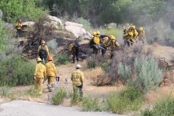 enhanced Fire officials convene at the scene of a quarter-acre grass fire in the wash underneath Valencia Boulevard. | Photo: Lorena Mejia/The Signal.