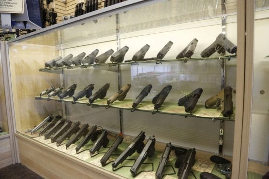 Handguns are on display at Adam's Armory in Stevenson Ranch on Thursday, Dec. 7, 2017. The Proposition 63 provisions in effect on Jan. 1, 2018 include new laws for convicted criminals to turn over their firearms and tighter controls for internet ammunition sales. | Photo: Nikolas Samuels/The Signal.
