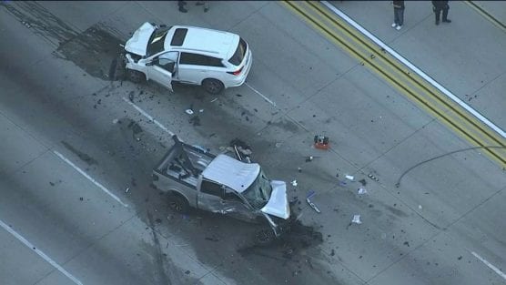 Nicole Danielle Thibault, a Santa Clarita Valley woman,  faces multiple criminal charges, including murder, in connection with this fatal wrong-way traffic collision in January 2018. | Photo credit: KTLA.