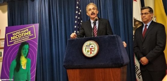 Los Angeles City Attorney Mike Feuer, left, announces the launch of an anti-vaping campaign with California Attorney General Xavier Becerra to inform the public on the dangers of e-cigarettes and flavored tobacco products marketed toward children. | Photo: Nathan Solis/CNS.