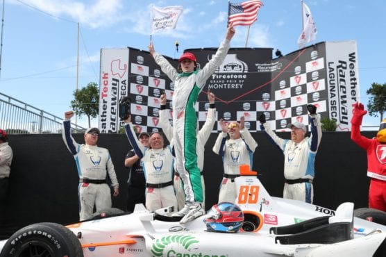 Colton Herta celebrates his win at the Firestone Grand Prix of Monterey at WeatherTech Raceway Laguna Seca Sunday afternoon. | Photo courtesy Chris Jones/IndyCar.