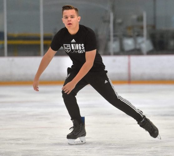 Nic Menzano wears his L.A. Kings ice crew uniform as he skates at Ice Station Valencia on Wednesday, September 11, 2019. | Photo: Dan Watson/The Signal.