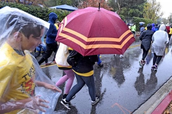 Participants carry umbrellas and wear rain gear at the take-off from the starting line of the 11th annual Thanksgiving Day Turkey Trot event at College of the Canyons on Thursday, November 28, 2019. | Photo: Dan Watson / The Signal.