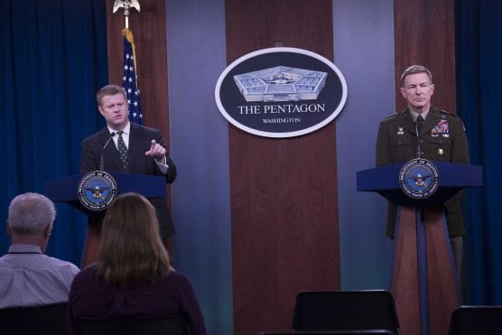 Secretary of the Army Ryan McCarthy and Chief of Staff of the Army Gen. James McConville hold a news conference at the Pentagon, March 20, 2020, to discuss the Army's efforts during the COVID-19, coronavirus pandemic. | Photo by Army Staff Sgt. Brandy Nicole Mejia.