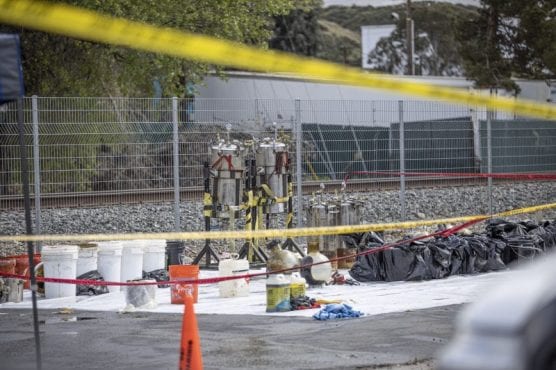 cannabis flowers - Two round boiling lab flasks sit in a staging area with other lab equipment removed from a commercial property on Bouquet Canyon Road by state and federal authorities Thursday afternoon, March 19, 2020. | Photo: Bobby Block / The Signal.