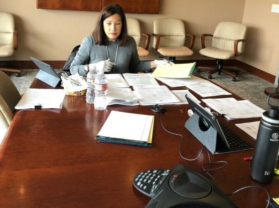 Judicial Council Chair Chief Justice Tani G. Cantil-Sakauye ran the call from the council's office in Sacramento on April 6, 2020. Courtesy photo.