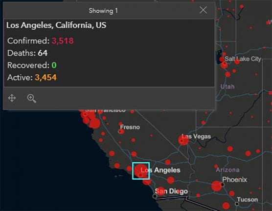 Snapshot of Los Angeles County COVID-19 cases as of April 1, 2020. | Map: Johns Hopkins University Center for Systems Science and Engineering (CSSE).